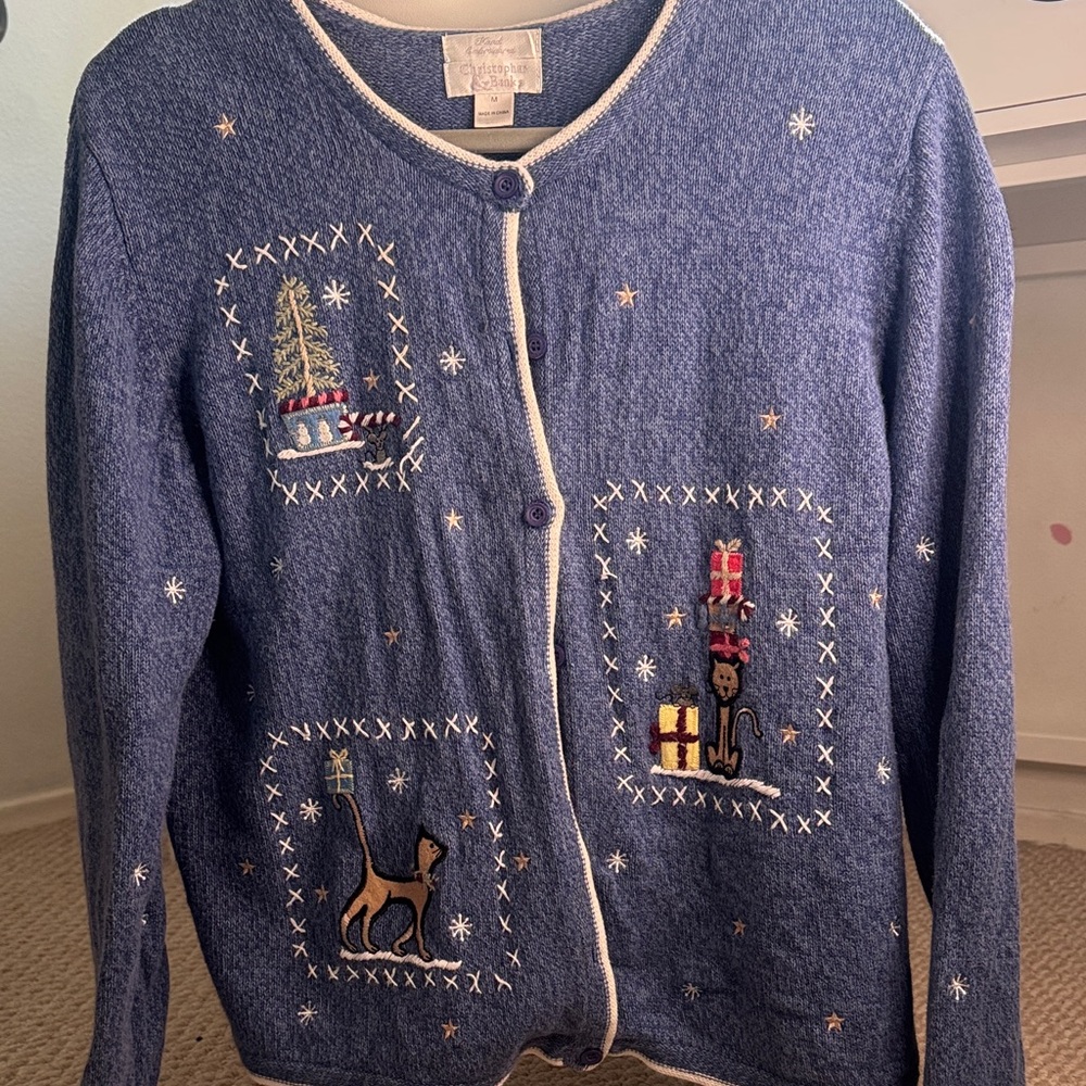 Vintage Christopher & Banks Button Up Christmas Cat Sweater